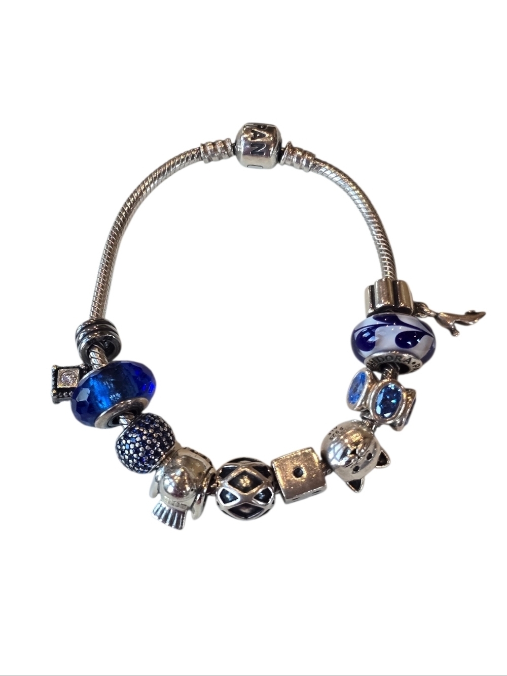 Pandora Sterling Silver Blue Swarovski Crystal Bead Charm Bracelet